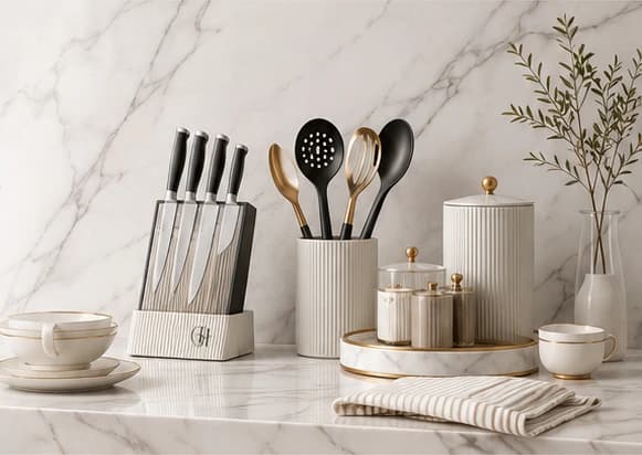 Elegant marble kitchen counter with premium cutlery, utensils, jars, and tableware