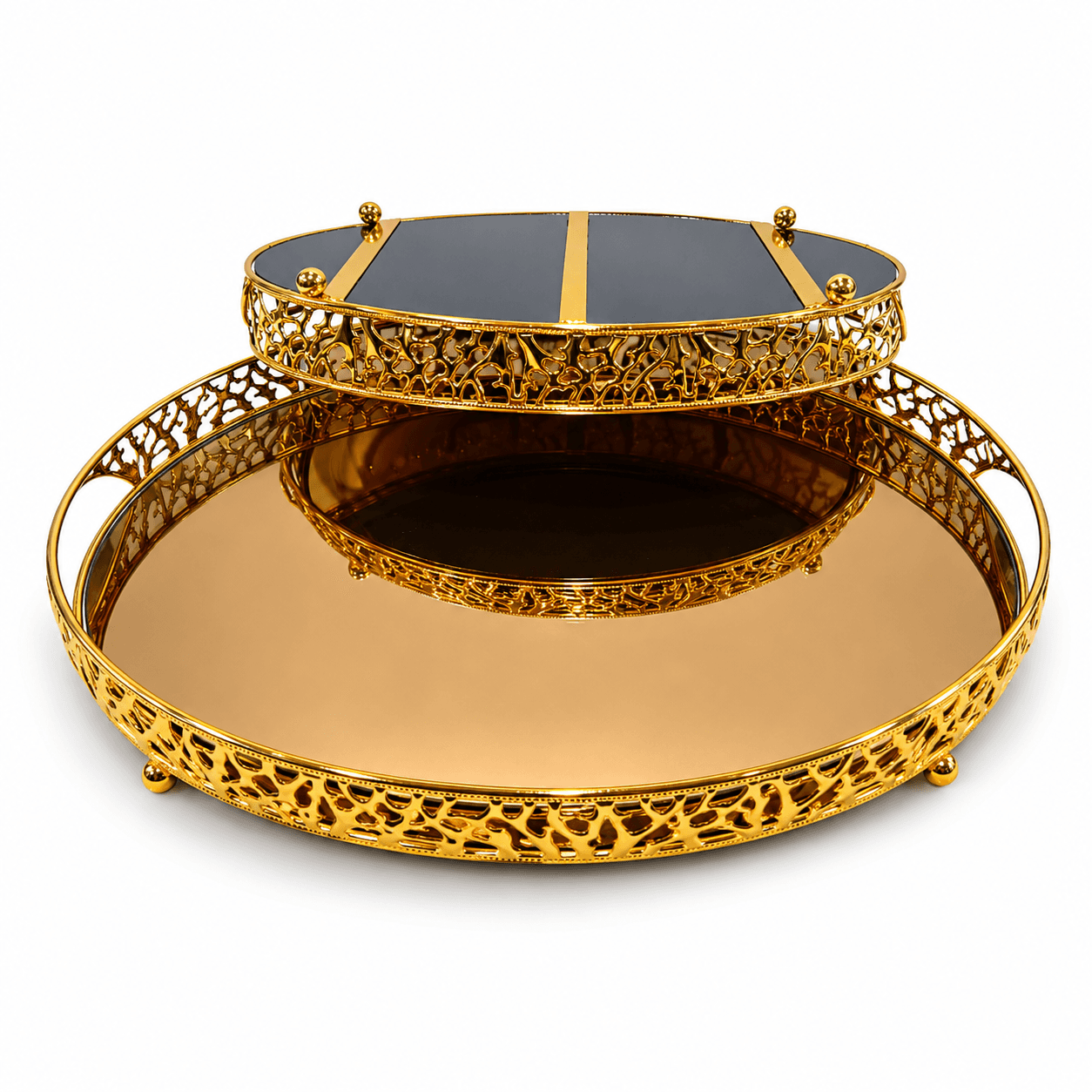 Set de plateaux décoratifs dorés avec miroir