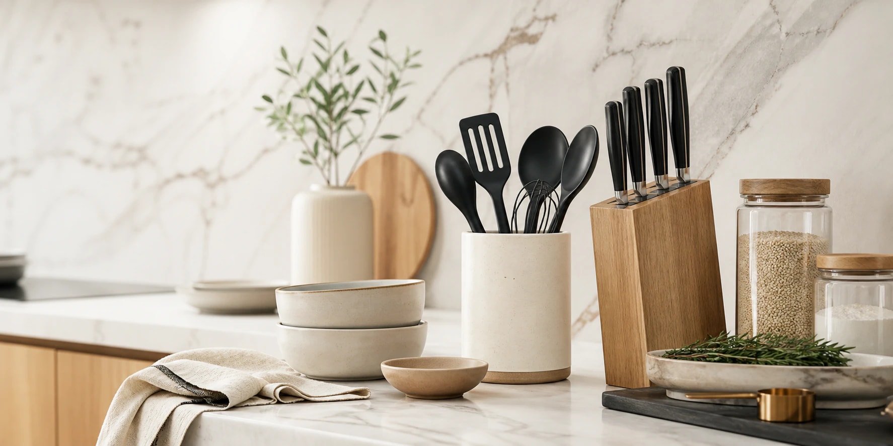 Elegant Guess Kitchen kitchen essentials on a marble counter