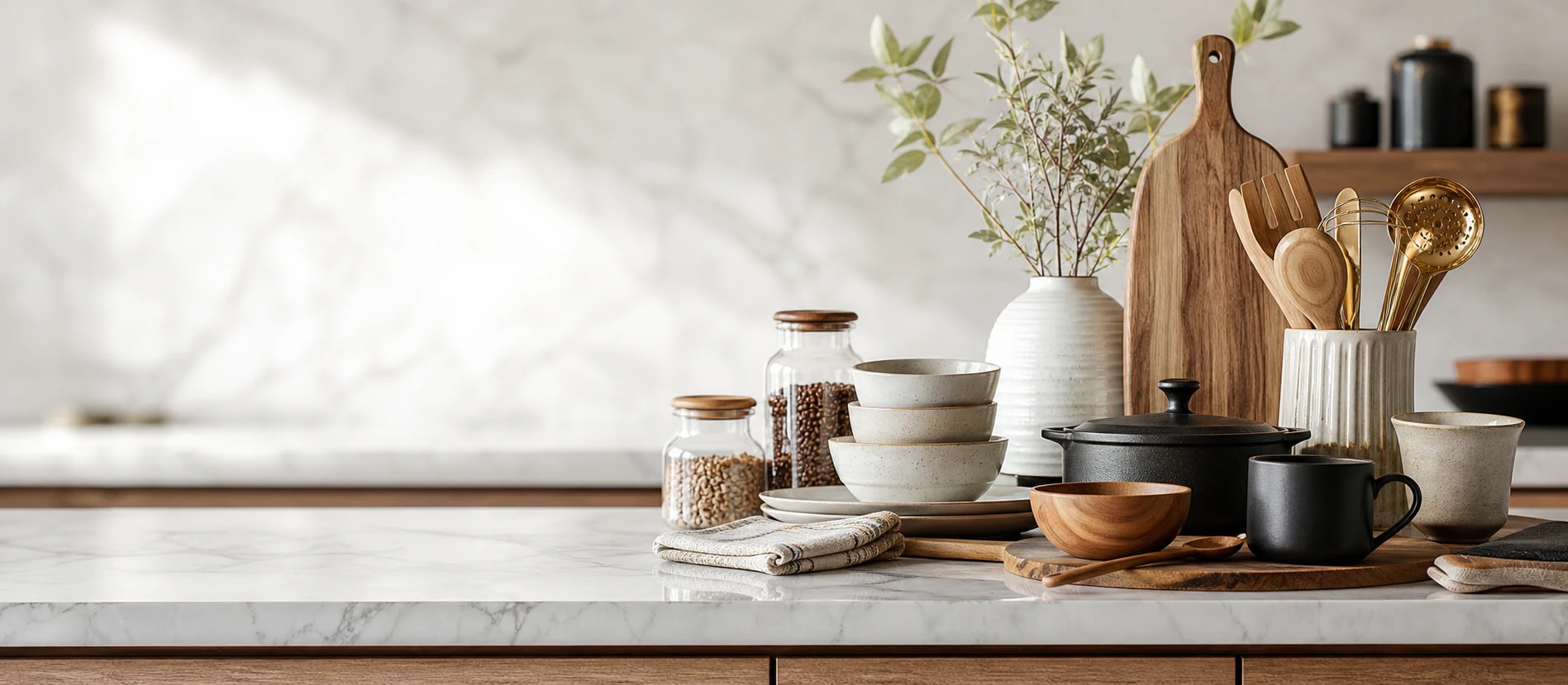 Marble counter with cups, utensils, boxes, and a decorative vase