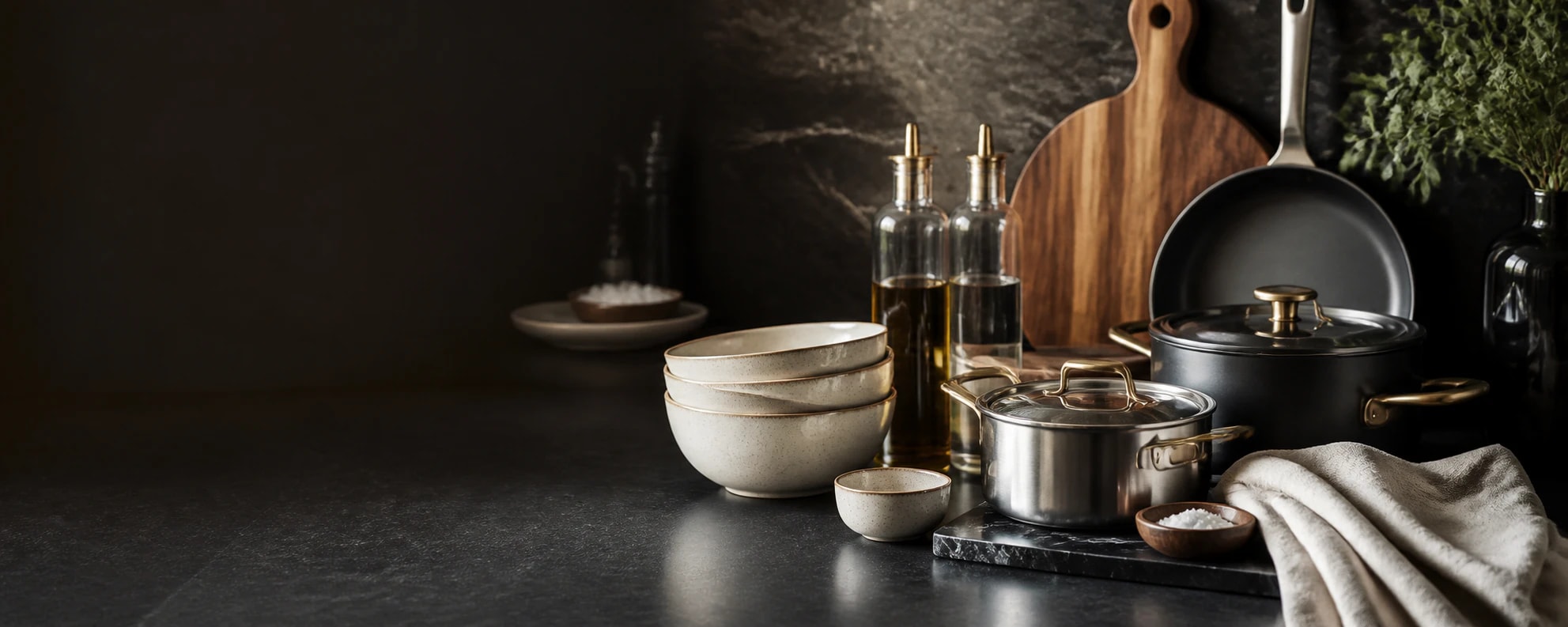 Elegant kitchen counter with cookware, bowls, oil bottles, wood board, and soft linen