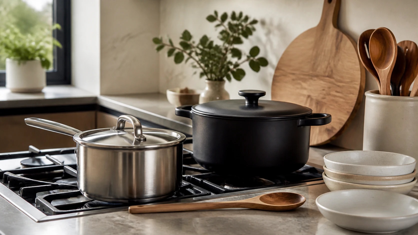 Casseroles premium sur une plaque de cuisson