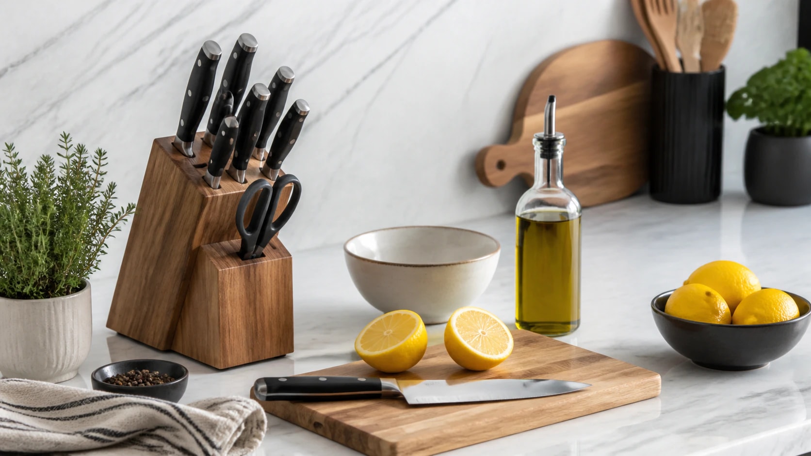 Comptoir de cuisine avec bloc de couteaux, huile et citrons