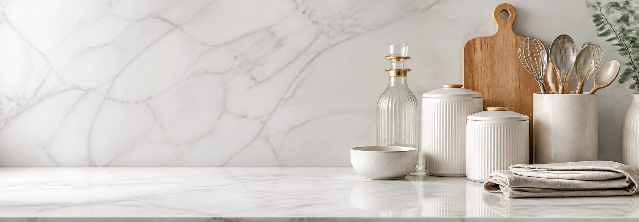 Ustensiles et accessoires Guess Kitchen sur comptoir en marbre