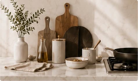 Cuisine raffinée avec planches en bois, vaisselle et accessoires Guess Kitchen
